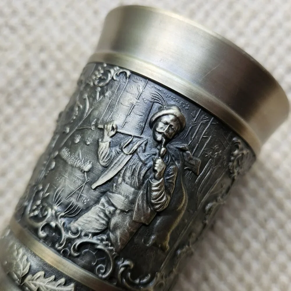 PEWTER Art 3D Hunting Scene Wine GOBLET Man smoking Pipe Deer Stag Leaf Chalice
